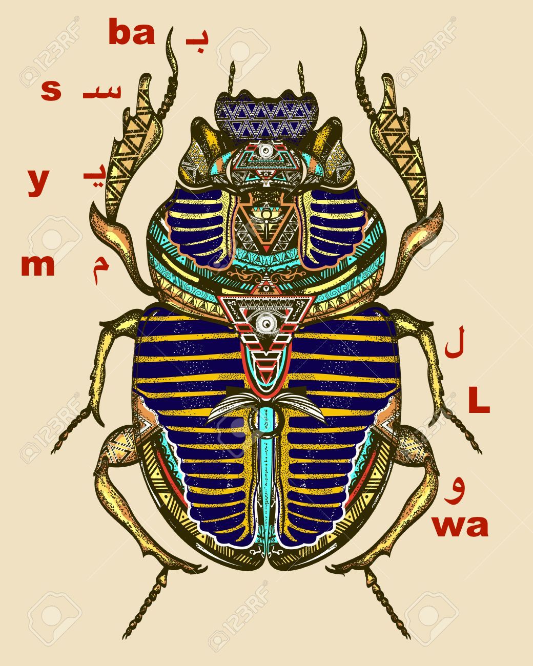 Gold scarab color tattoo, ancient Egypt art. Spiritual symbol of pharaoh, god Ra, t-shirt design. Egyptian sacred bug gold scarab, symbol of the sun tattoo